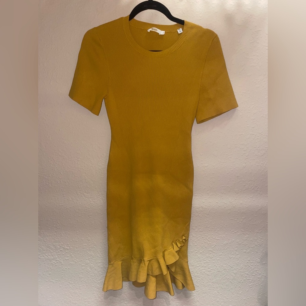 A.L.C golden yellow Tulum Ribbed ruffle hem short sleeve mini sweaterdress - Picture 3 of 5